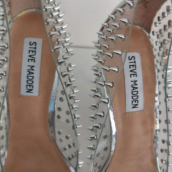 Steve Madden Clear Spike Stilettos 8 Metallic Silver Heels Glam Edgy Studded - Picture 6 of 12